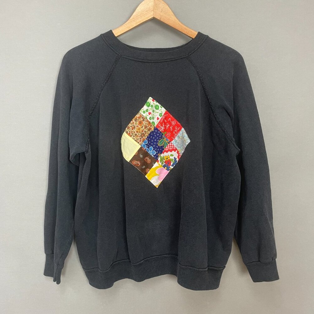 Vintage Patchwork Sweatshirt Black Size Large Quilt‎ Patch One-Of-A-Kind Unique - Picture 12 of 13